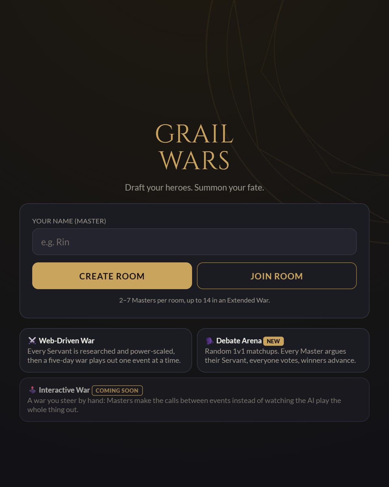 Grail Wars landing screen with its gold title over a dark sigil