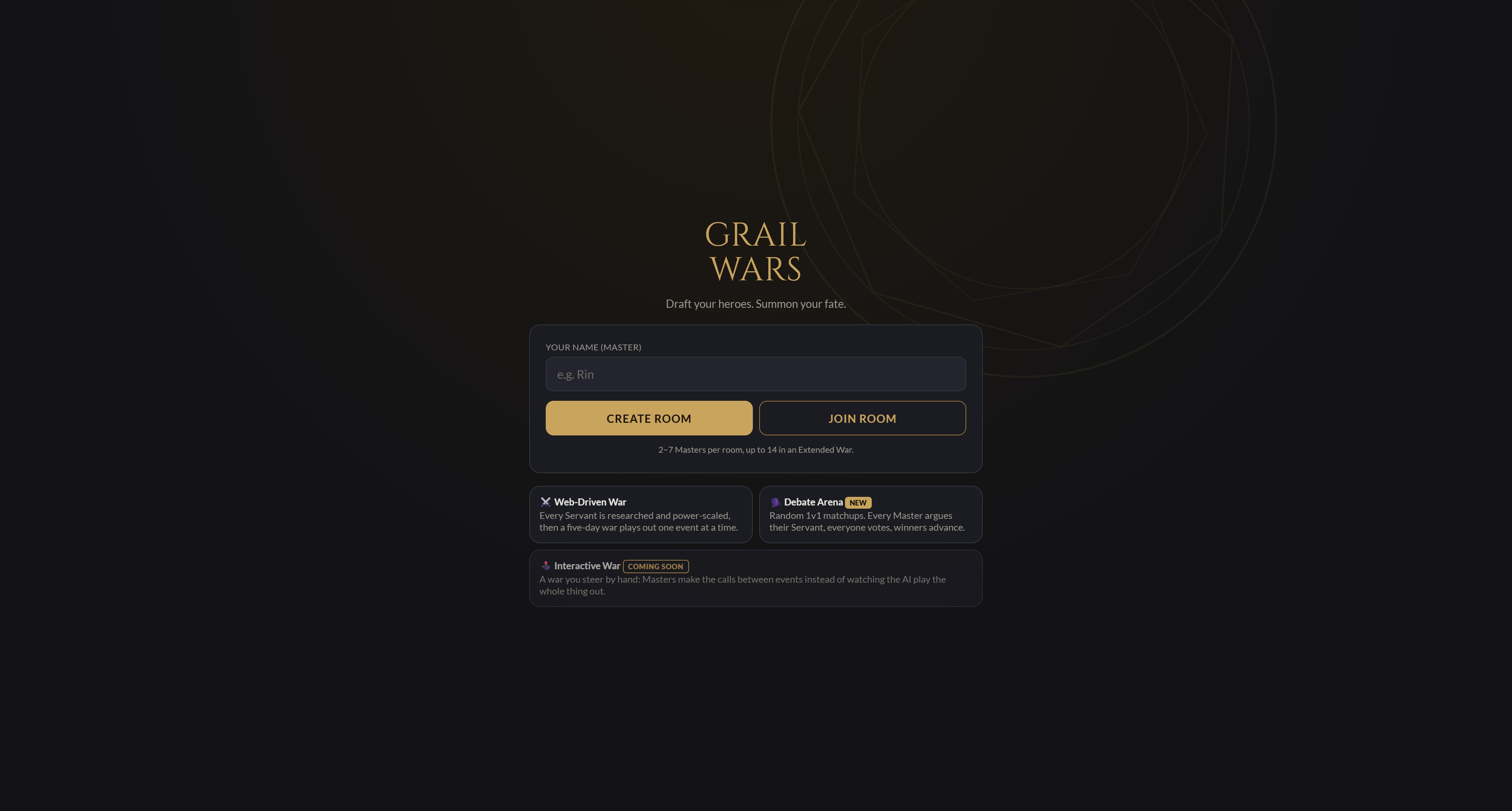 Grail Wars home screen with its room creation controls