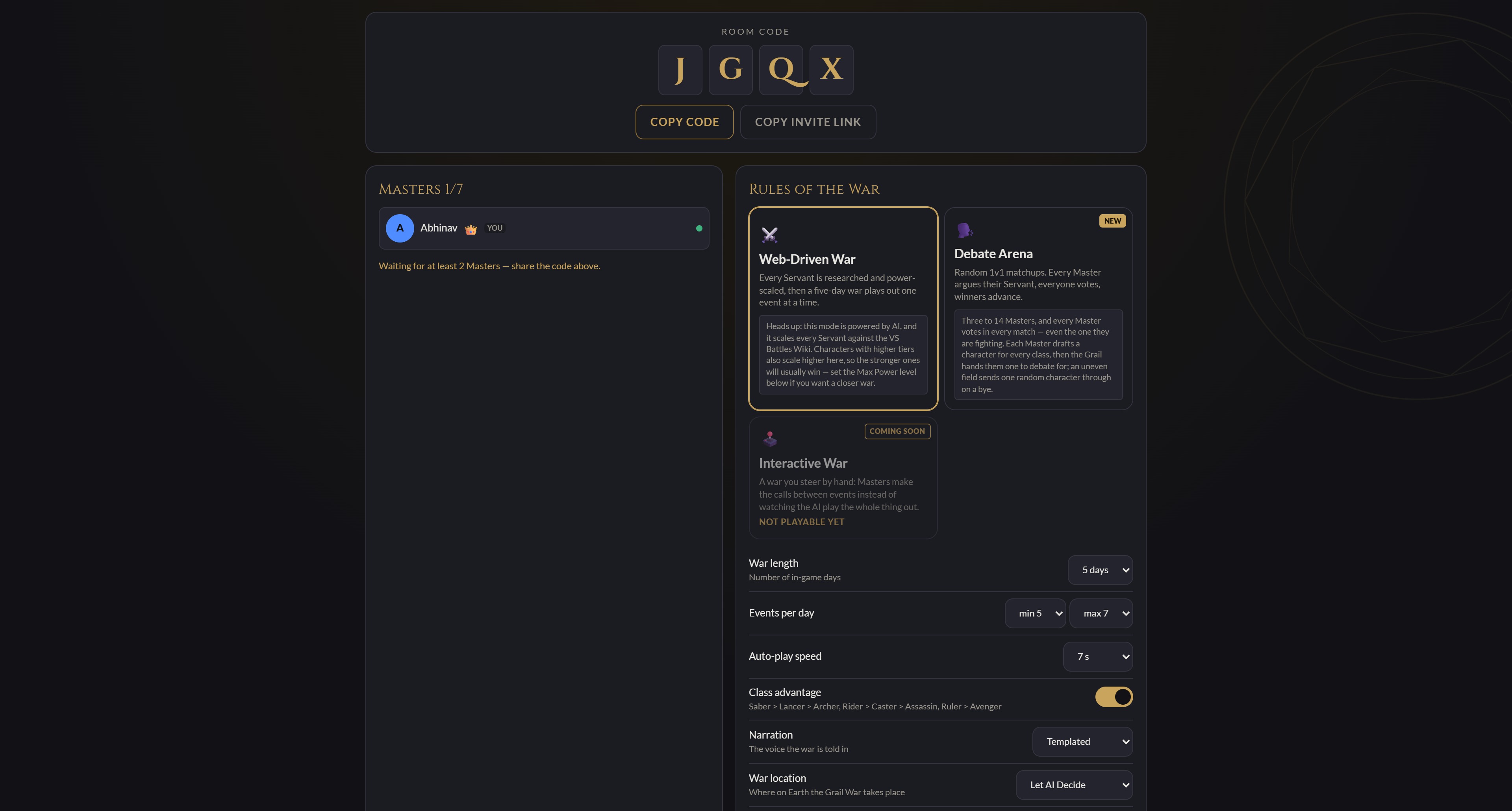 A Grail Wars lobby showing the room code, its Masters and the war rules